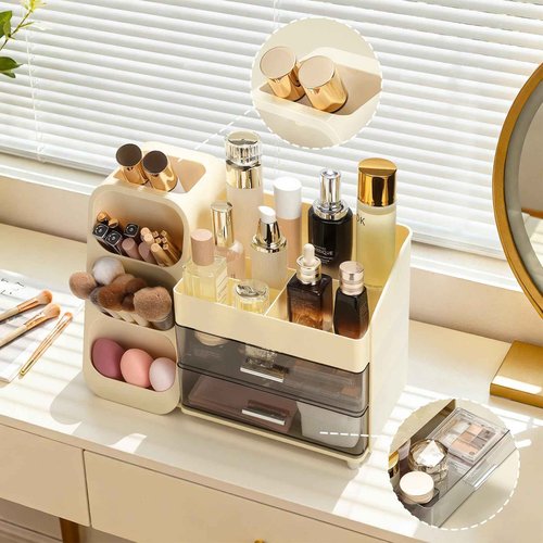 Delamu Big Makeup Organizer with Drawers, Spacious Cosmetic Display Caddy with Makeup Brush Holder, Bathroom Countertop Organizer for Vanity, Dorm, Desk, Beige