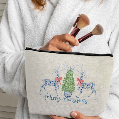 ignytiger Blue Chinoiserie Christmas Deer Reindeer Makeup Bag, Chinoiserie Decor Christmas Gifts Cosmetic Bags for Women, Grandmillennial Bow Xmas Holiday Makeup Bag Gifts Zipper Pouches for Purse