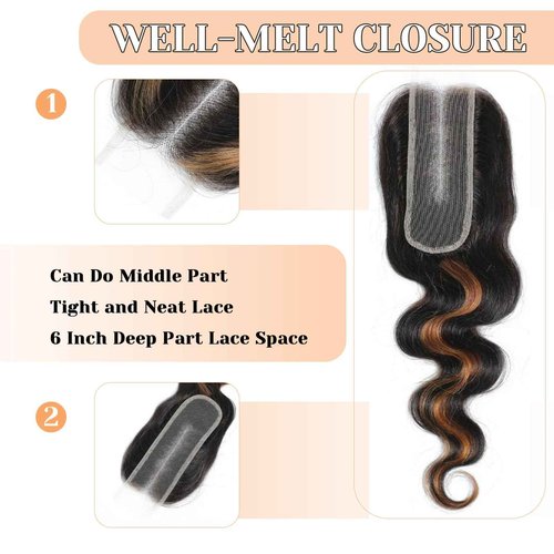 2x6 HD Lace Closure P1/30 Highlight Body Wave Transparent 2 by 6 HD Lace Closure 14 Inch 100% Brazilian Virgin Unprocessed Middle Part Human Hair Closure