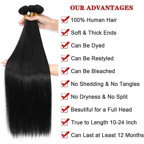 NROOEAY Straight Bundles Human Hair 24 inch 100% Unprocessed Brazilian Straight Hair Bundles 12A Remy Virgin Retain the Intact Cuticle, Long Lifespan