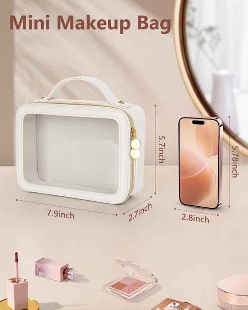 Soimeat Clear Makeup Bag, Portable Travel Cosmetic Bags, Multipurpose Leather Toiletry Bag with Zipper, Waterproof Transparent Cosmetic Organizer for Women, Medium, Beige