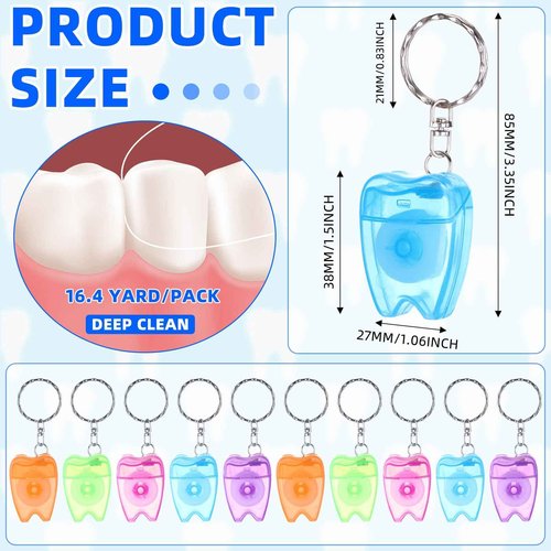 Landical 50 Pcs Mini Dental Floss Keychain Bulk Tooth Shaped Portable Floss Cleaning for Travel Homeless Donated Gifts Teeth Cleaning Oral Care 15 M /16.4 Yard (Multicolor)