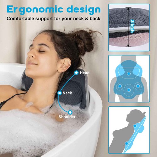 JUSDOO Luxury Bath Pillows for Tub β Extra Thick Non-Slip Bathtub Pillow with Rubber Back, Head & Neck Support for Soaking, Spa Bath Accessories, for Women, Fits All Bathtubs (Gray)