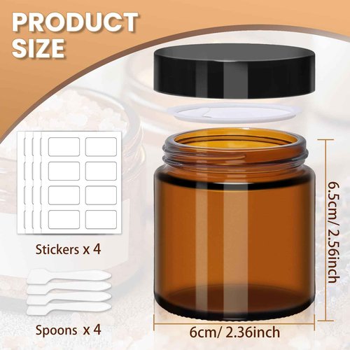 UPBUD 4 oz Amber Glass Jars with Lids - 32 Pack Brown Cosmetic Containers with Stickers & 4 Spoons, Wide-Round Smooth Mouth, Sealable for Creams, Essential Oils, Body Butter, Travel Samples
