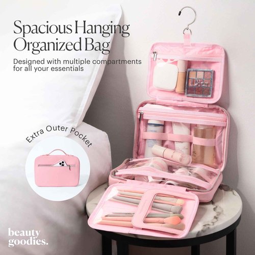 BEAUTYGOODIES Pink Hanging Toiletry Bag for Women, Travel Toiletry Bag for Makeup, Clear Bags for Easy Packing, Bag for Toiletries, Flight Curise Roadtrip Bag to Hold and Hang even at Home.