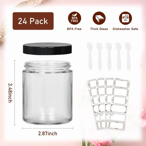 24 Pack 8 oz Glass Jars with lids, Clear Cosmetic Jars with Inner Liners and Black Lids, Lotion Jars, Candle Making Jars for Lotions, Scrubs and Cosmetic, Lables and Spatulas Include
