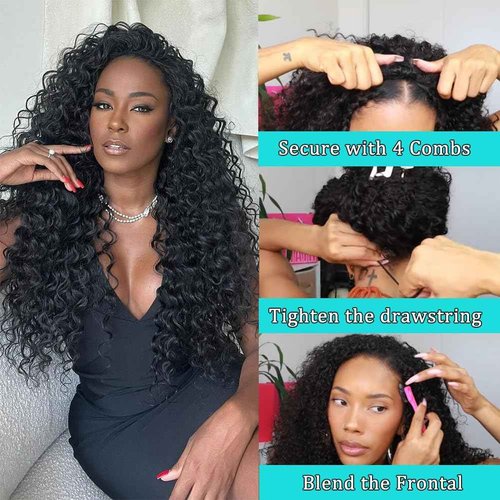 MARYLING Deep Water Wave Half Wig 3 In 1 Wear and Go Headband Wig Drawstring Seamless Flip Over Deep Curly Half Wigs Beginner Friendly Half Wig for Black Women Natural Black 26 Inch
