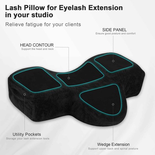 IMENE Lash Pillow for Lash Extensions- Memory Foam Lash Pillows with Neck and Back Support, Ergonomic Lash Bed Pillow with Velvet Pillowcase and Lash Organizer Pockets(Black)