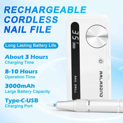 RALAMOND Professional Nail Drill, 35000RPM Electric Nail File, Rechargeable Cordless Machine, Nail Drill Kit with Bits, Portable Electric Nail Filer Manicure Pedicure (White)
