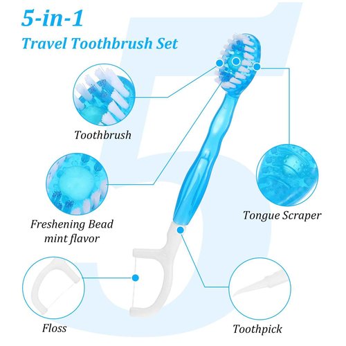 Wanmu 50 Pack Disposable Mini Travel Toothbrushes, 5 in 1 Tool Brush+Floss+Pick+Tongue Scraper, Bulk Toothbrushes Individually Wrapped Prepasted Toothbrush, On The Go Toothbrush with Freshening Bead