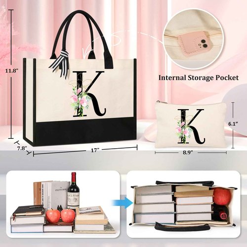 AYGE Personalized Initial Canvas Beach Tote, Monogrammed Gifts for Women, Makeup Bag, Birthday Gifts for Sister, Mom, Teacher, Bridesmaid (K)
