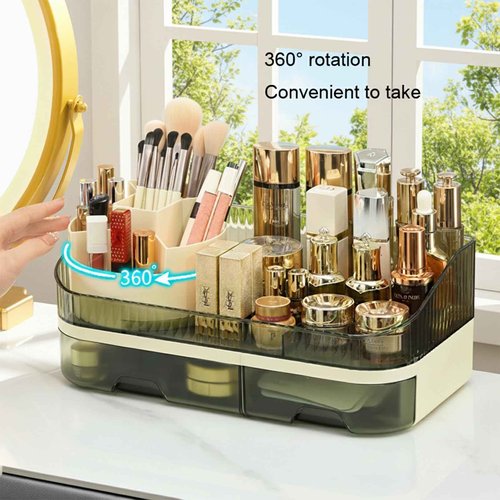 Tidyladyo Large Plastic Makeup Organizer with Rotating Brush Holder for Vanity - Bathroom Countertop Skin Care Storage, Easy for Lipsticks, Nail Polishes, Perfumes & Eyeshadow Palettes