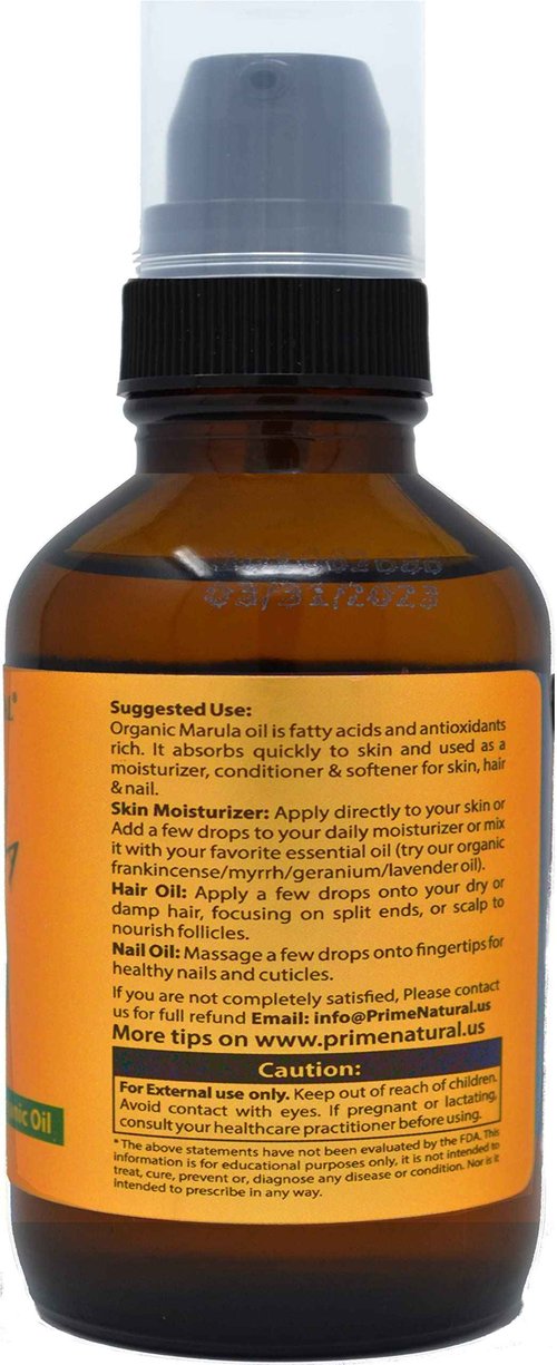 PRIME NATURAL Organic Marula Oil 4oz/120ml - USDA Certified - Cold Pressed, Unrefined, Virgin - 100% Pure, Natural, Vegan, Best for Face, Body, Hair, Nails, Skin Care