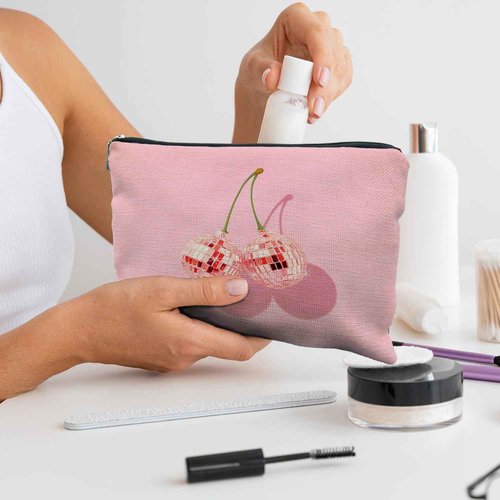 Likjad Cherry Makeup Bag - Preppy Hot Pink Disco Ball Gift for Women, Teachers, Teen Girls, and Sisters