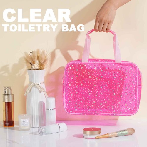 UUYUUY PVC Clear Makeup Bag for Women Waterproof Star Make Up Bag Toiletry Bag Travel Durable Cosmetic Bag Large Cute Tote Bag Organizer Makeup Pouch, Pink