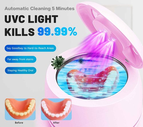 Ultrasonic denture cleaner for dentures, mouth guards, toothbrush heads, jewelry - 45 kHz Ultrasonic Retainer Cleaner (Pink)