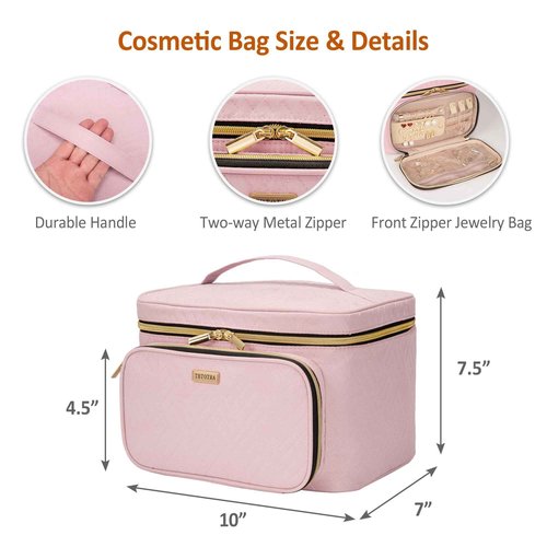 TBTOTRA Travel Makeup Bag with Jewelry Organizer, Large Cosmetic Case, Waterproof Toiletry Bag for Cosmetics, Brushes, and Tools, Pink