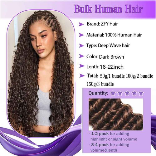 ZFY Human Braiding Hair 100g 22 Inch Deep Wave Bulk Human Hair for Braiding Boho Braids 100% Unprocessed Brazilian Virgin Human Hair Extensions No Weft 2 Bundle/Pack Dark Brown