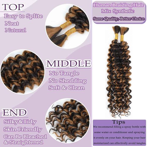 Ubinica P4/27 Deep Wave Braiding Human Hair 2 Bundles Total 100g 20 Inch Deep Wave Bulk Braiding Hair for Boho Braids