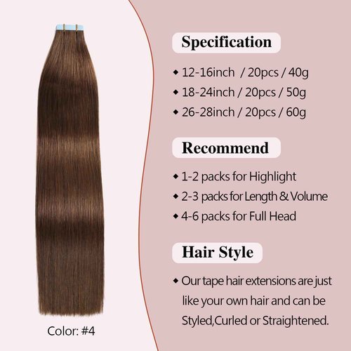 Sunya Tape in Hair Extensions 16 inches Silky Straight Remy Human Hair Seamless Skin Weft Tape in Human Hair Extensions 16 inches #4 Chocolate Brown 40 Gram 20Pcs/Pack Thick Hair…
