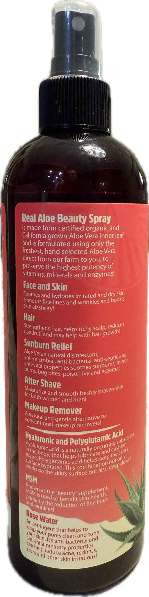 Real Aloe Beauty Spray - California Farm Fresh - Hand Selected Organic Aloe Vera, Vitamin C, MSM, Hyaluronic & Polyglutamic Acid, Rose Water, Fine Mist, Rapid Absorbing, Smoothes & Hydrates (12 fl oz)