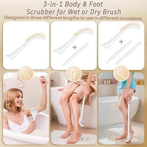 GEENOA New Foot Brush & Foot File Set(2PCS), 3-in-1 Foot Scrubber in Shower, 10.2’’-27.5’’Adjustable Long Handle Foot Scrub Brush and Upgrade Foot File Callus Remover, Gift-Box Packed(White Set)