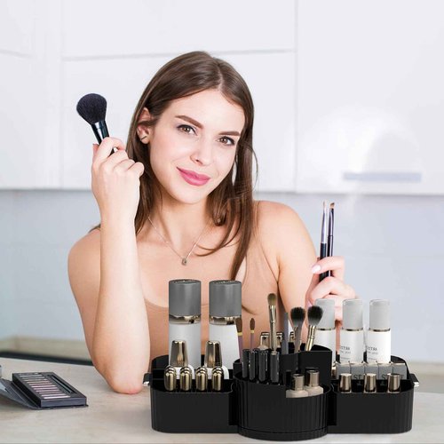 Aieyaki Rotating Makeup Organizer Cosmetic Display Case, Used for Vanity Makeup Brushes, Lipstick, Perfume and Various Skin Care Products - Spacious and Fashionable Storage Solution (Black)