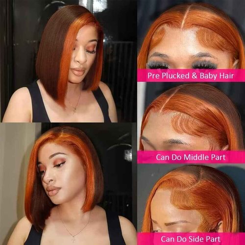 Ginger Orange Highlight Skunk Stripe Short Bob Wigs Human Hair Chocolate Brown Straight Bob Wigs Ombre 13x4 HD Lace Frontal Wigs Brazilian Virgin 150% Density Pre Plucked 8 Inch