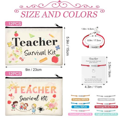 Frienda 48 Pieces Teacher Appreciation Present Set 24 Pcs Teacher Survival Kit Makeup Bag Pouch 24 Pcs Blessing Card Bracelet Cosmetic Bag Kit for Back to School Thanksgiving Party