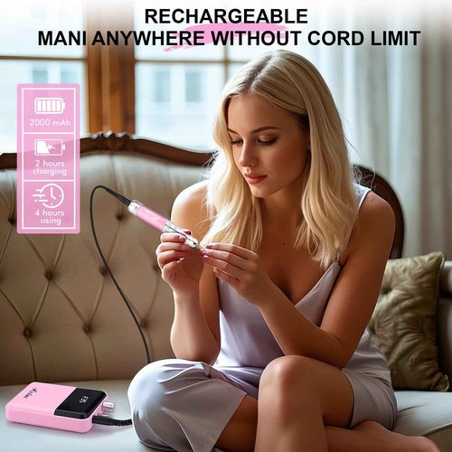 Kredioo Portable Nail Drill 35000 RPM, Rechargeable Electric Nail File E File Kit with Storage Bag Professional Manicure Kit for Nail Lovers Salon Home DIY-Pink