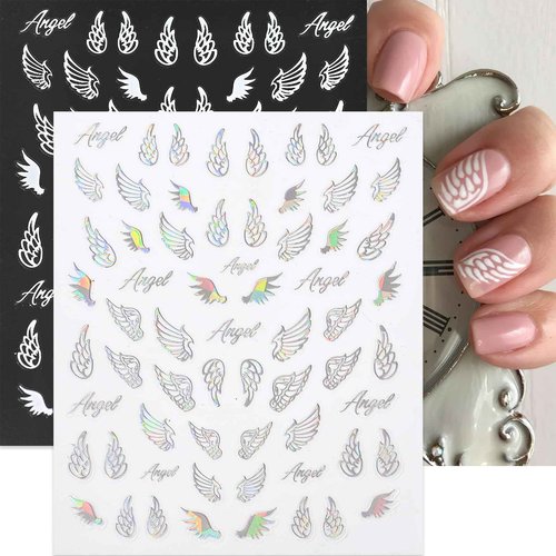 Angel Wings Nail Stickers Laser Metallic Angel Wings Nail Decals 3D Self-Adhesive Holographic Gold Silver Wings Letter Decals Stickers Design Nail Art Supplies for Nails Manicure Decorations 6 Sheets