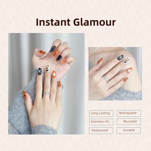 LARSOOY Nails Handmade Press On Nails Middle Square | Hand Painted Reusable False Nails with Unique Halloween Designs | 10 Pcs (Halloween Drawing, M)