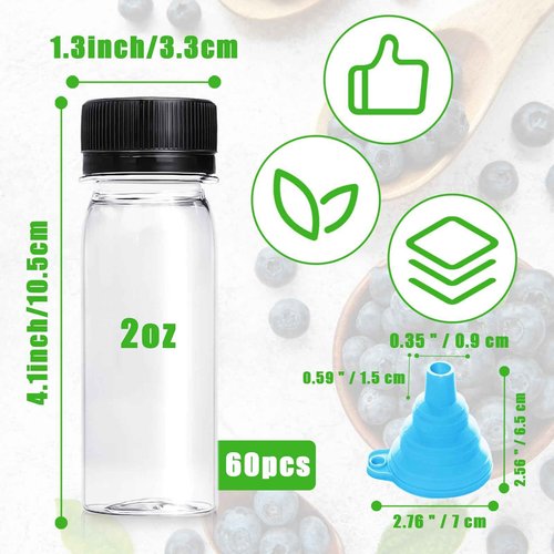 Xuyyicao 60 Pcs 2 Oz Small Plastic Bottles for Liquids,Ginger Shots Bottle with Cap,Mini Travel Containers for Juice,Liquids,Whiskey,Milk(Black)