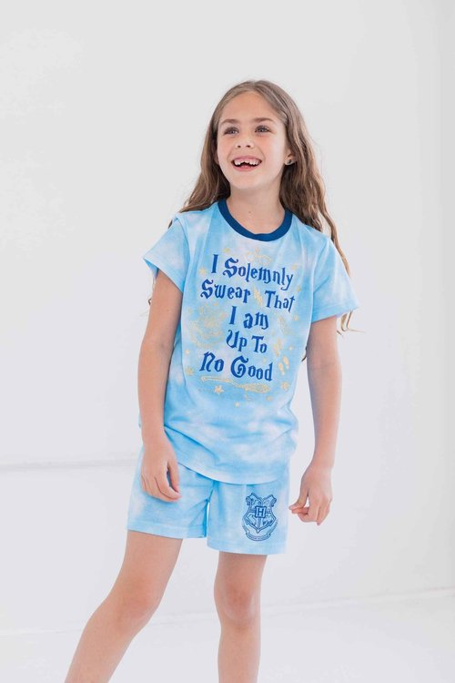 Harry Potter Gryffindor Hufflepuff Ravenclaw Slytherin Little Girls Pajama Shirt and Shorts Sleep Set Tie Dye Blue 7-8