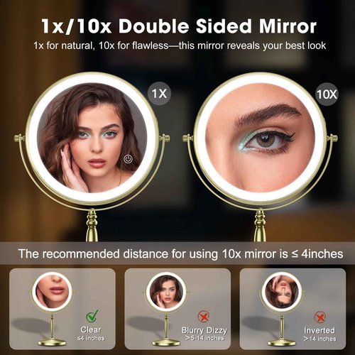 Matekxy 8" Lighted Makeup Mirror with Magnification - 1X/10X Magnifying Desk Mirror with Rechargeable LED Lights, 3 Colors Dimmable Tabletop Mirror, Brass Gold
