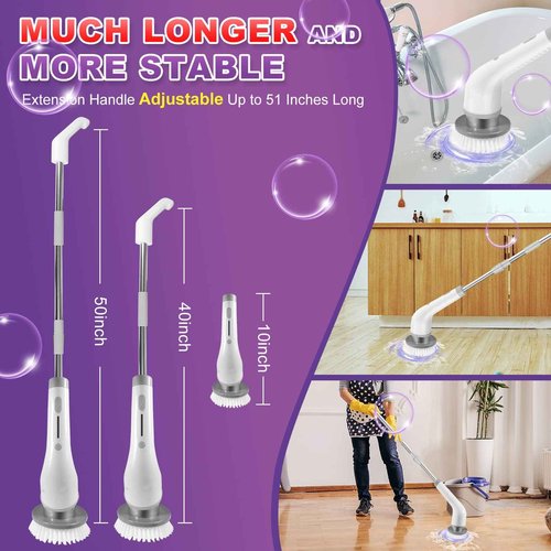 Electric Spin Scrubber, 2 Spin Speeds Cordless Shower Scrubber with 7 Replaceable Brush Heads & Adjustable Extension Arm, Shower Cleaning Brush for Bathtub Tile Floor