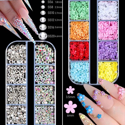 5 Boxes Gold & Silver Metal Nail 3D Punk Studs Star Moon Heart Triangle Square Rivet Gems Nail Art Jewels with a Curved Tweezers and a Nail Brush and a Wax Pen Picker (6-Rhinestones kit-3)