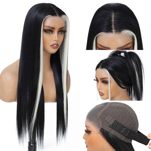 TAGUO Glueless 7x5 Lace Front Wig for Women Skunk Stripe Wig Synthetic Lace Wig Pre Plucked HD Lace Straight Wig Ready to Wear Long Straight Black and Blonde Wig 26inch