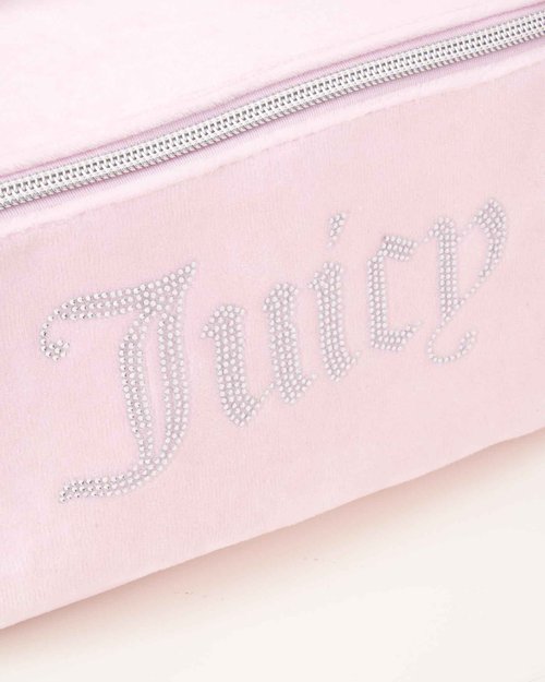 Juicy Couture Pink Makeup Bag Cosmetics Organizer Travel Essentials Cross Zip Velour Rhinestone Silver Handle