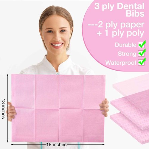 Newwiee 250 Pcs Disposable Nail Table Towels Mat, 13'' x 18'' Patient Bibs 3 Ply Waterproof Tattoo Bibs Nail Towels Paper Tray Covers Clean Pads Tattoo Supplies (Pink)
