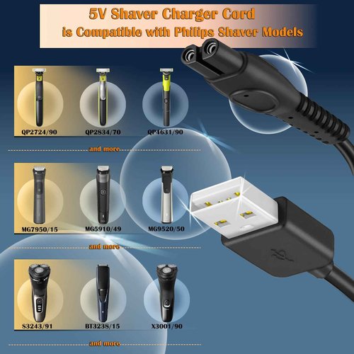 BENACES 3Ft Shaver Charger Cord, 2 Pack 5V Electric Shaver USB Charging Cable, 24AWG Trimmer Razor Power Cord with Fishbone-Reinforced Cable Boot Design, for Philips Norelco Shaver QP2724, QP2834