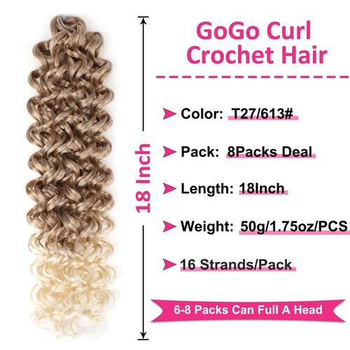 Unionbeauty 8 Pack GoGo Curl Beach Curl Curly Crochet Hair - Ocean Wave 18 Inch Water Wave - Ombre Blonde Synthetic Curly Braiding Hair Extension T27/613#