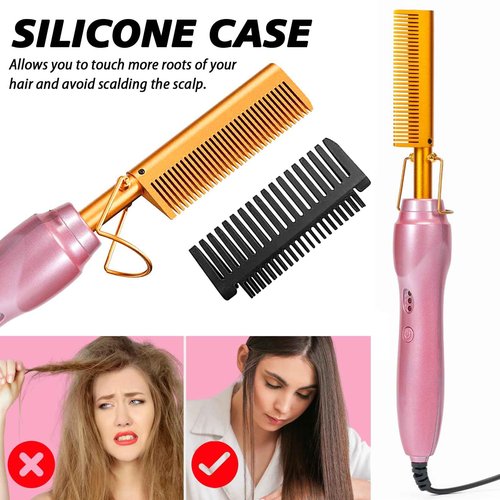 Electric Hot Comb Hair Straightener Heat Pressing Combs Ceramic Curling Flat Iron Curler, Hot Comb Electric for Wigs Electrical Straightening Comb Curling Iron for Natural Hair with Anti-Scald Case