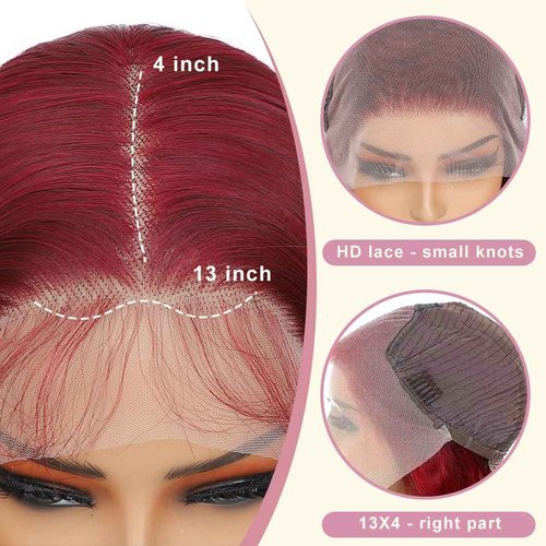 Koreyo 99j Burgundy Wig, Synthetic Lace Front Wig Pre-Plucked 13x4 HD Transparent 26 inch Long Straight Wine Red Lace Front Wig For Black Women Suitable For Everyday Wear