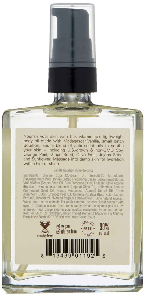 FarmHouse Fresh Vanilla Bourbon Body Oil, Vanilla Bourbon, 4 Fl Oz