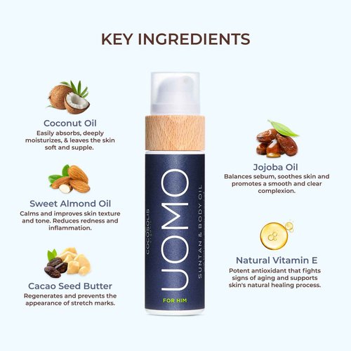 COCOSOLIS UOMO Tanning Accelerator for Men - Organic Tanning Oil with Vitamin E & Black Coconut Scent for a Fast Intensive Tan - Tanning Enhancer for a Rich Chocolate Tan (110)
