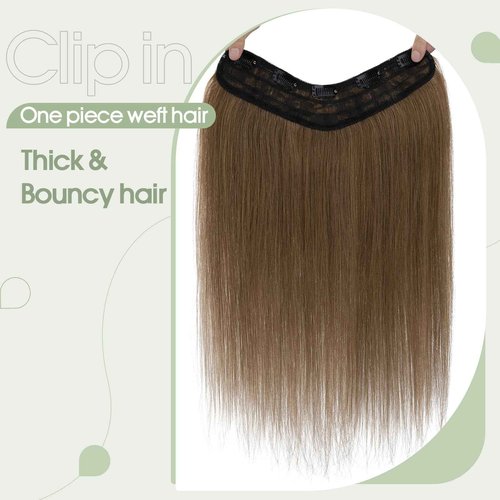 S-noilite One Piece Clip in Hair Extensions Human Hair One Piece/5 Clips 3/4 Full Head V Part Weft Thicker Hair Lace Net One Piece Hair Extensions Clip in Human Hair (12"-50g,#06 Light Brown)