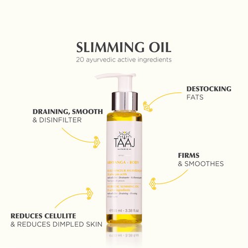 TAAJ | Ayurvedic Slimming Oil – Firming & Anti-Cellulite Treatment | Smooths, Firms & Nourishes Skin | Helps Reduce the Look of Cellulite |Ayurvedic-Inspired Skincare | 97% natural & Vegan | 3.4 fl oz