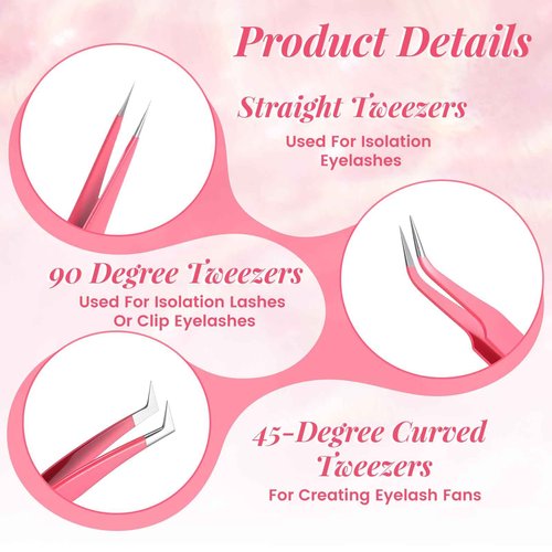 6 Pcs High Precision Lash Tweezers Set Eyelash Extension Tweezers Stainless Steel Eyelash Tweezer for Women Lash Extension Tools Supplies Classic Mega Volume Lashs Facial Hair Crafting Making(Pink)