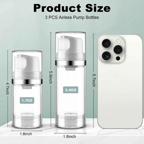 Decorniqu Airless Pump Bottles 3.4oz/100ml 3 Pack Lotion Dispenser Travel Pump Bottles for Toiletries Airless Cosmetic Pump Container Airless Pump Jar for Toiletries Shampoo Cream with Labels(Clear)